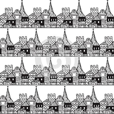 Old town with tower and fortress vector seamless pattern. Middle age fairy city endless texture. Vector Illustration