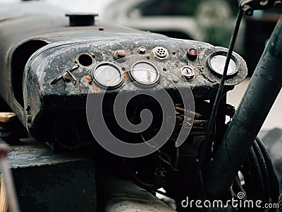 Old tractor dashboard. Vintage farm tools. Stock Photo
