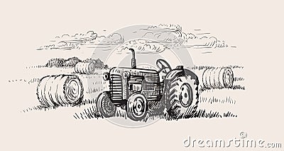 Old tractor with a rural scene Vector Illustration