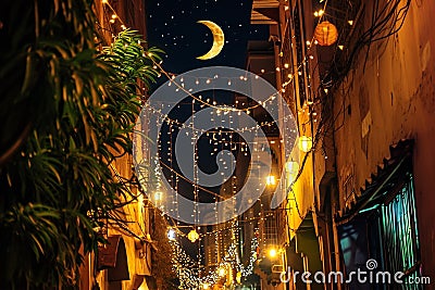 Old traditional arabic street in night with ramadan garlands and crescent moon Stock Photo