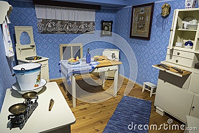 Old traditional bourgeois kitchen. Blue color. Editorial Stock Photo