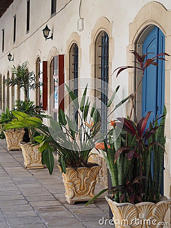 Old traditional builiding with flowers in Larnaka Editorial Stock Photo