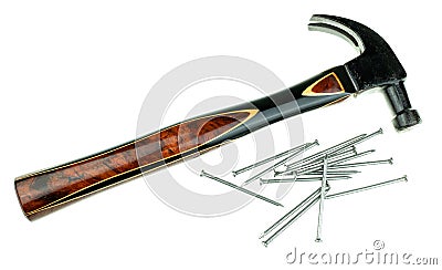 Old traditional curved claw hammer and nail Stock Photo