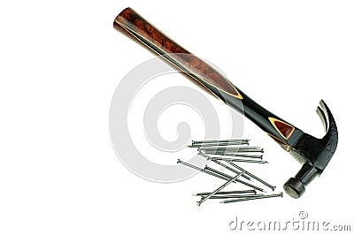 Old traditional curved claw hammer and nail Stock Photo