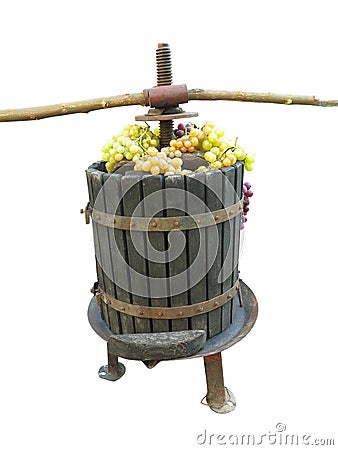 Old traditional manual wine press utensil with grape bunch isolated over white Stock Photo