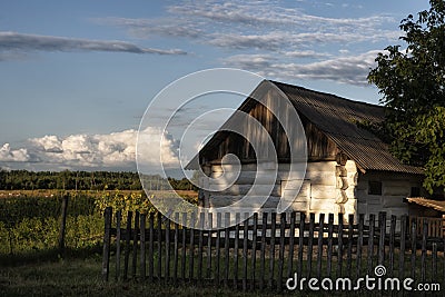 Old traditional Ukrainian log house in the village. Stock Photo