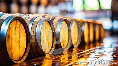 Old traditional wooden barrels with wine, cognac, whiskey, brandy in storage, lined up in a cool and dark cellar Stock Photo