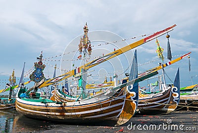 Old traditional wooden Indonesia colored boats in Bali Island, I Stock Photo
