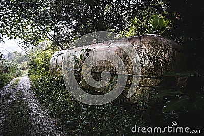 An old trailer abandoned in the middle of a jungle Stock Photo