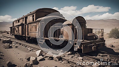 old train in the countryside An apocalyptic train that survives the end of the world on a dusty and desolate railway. Stock Photo