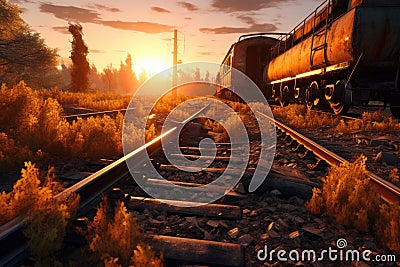 old train derailment site during golden hour Stock Photo