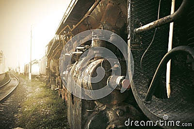 Old train in the mist. Stock Photo