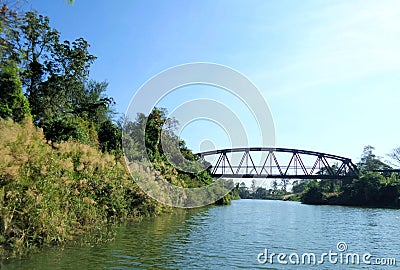 Old train pratt truss steel bridge over Chee River Stock Photo