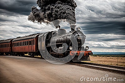 An old train traveling on a railway of clouds Stock Photo