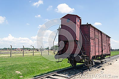 Old transport train wagon, Auschwitz-Birkenau Concentration Camp Editorial Stock Photo