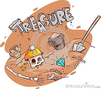 Old treasure chest buried under ground Vector Illustration