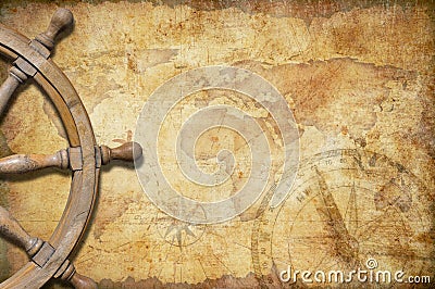 Old treasure map with steering wheel Stock Photo