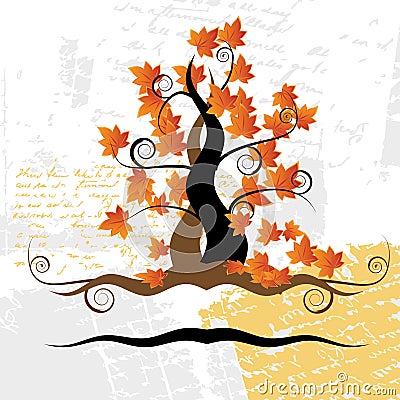 Old tree, grass, autumn,grunge Vector Illustration