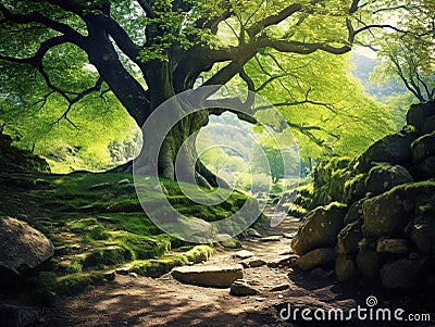 Old tree in spring mixed forest Cartoon Illustration