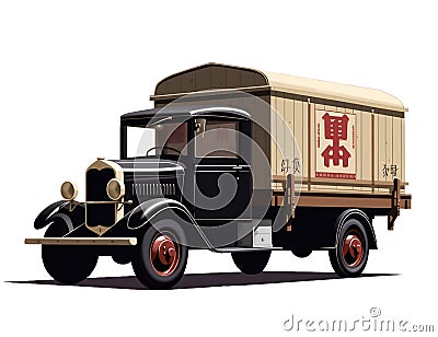 Old truck of asian shipping company - cool vintage truck illustration Cartoon Illustration