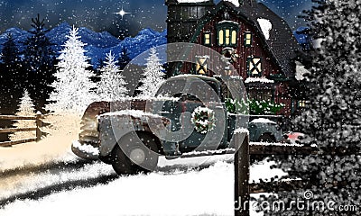 Old Truck and Barn at Christmas Stock Photo