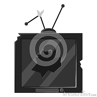 Old tv. Broken broken black household appliances with a hole in the center of the screen. Vector Illustration