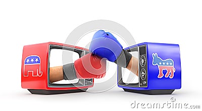 Old TVs with fight hands in usa political parties texture Cartoon Illustration