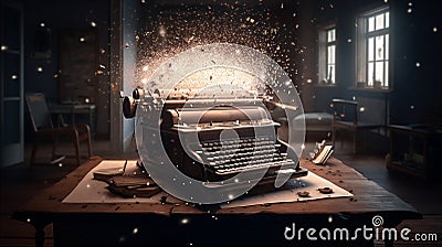 Old typewriter with magical light, power. Generative AI. Stock Photo