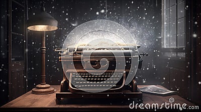 Old typewriter with magical light, power. Generative AI. Stock Photo