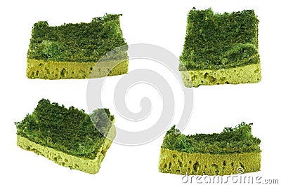 Old uesed dishware sponges on white background Stock Photo