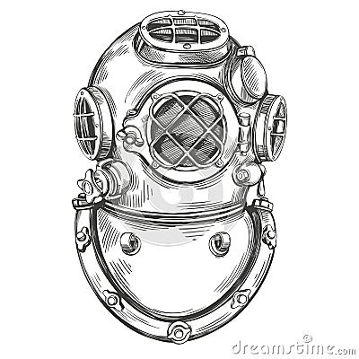 old underwater diving helmet hand drawn vector illustration sketch Vector Illustration