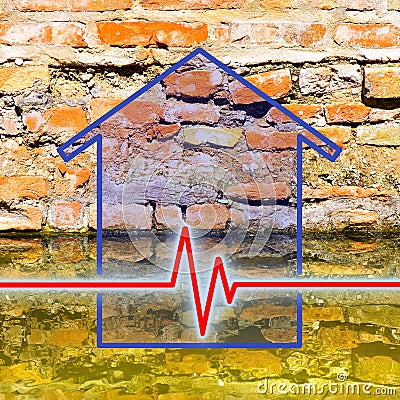 Old unhealthy brick wall damaged by rising damp - concept image with a chart about rising damp in buildings Stock Photo