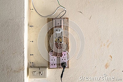 Old and Unsafe Vintage Style Electronic Plastic Circuit Breaker. Concept of Safety in the Work Site Stock Photo