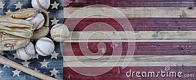 Old baseball objects on United States vintage wooden flag background. Baseball sports concept with copy space Stock Photo