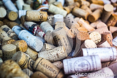 Old Used corks plugs from different wine producing countries Editorial Stock Photo