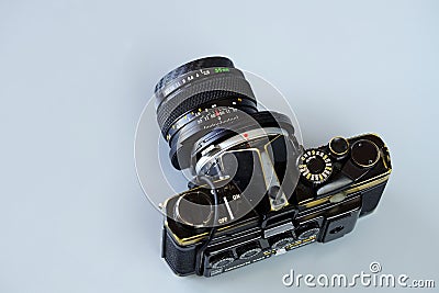 old used Olympus OM-1 film camera and Olympus 35mm 2.8 shift lens, for perspective contr Editorial Stock Photo