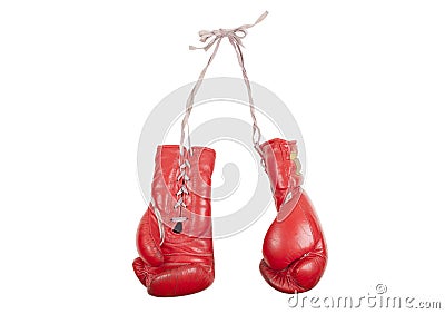 Old used red leather boxing gloves with laces, isolated on white background Stock Photo