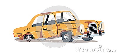 Old used rusty car junk. Broken abandoned dirty rusted auto transport. Aged corroded useless rotting automobile waste Vector Illustration