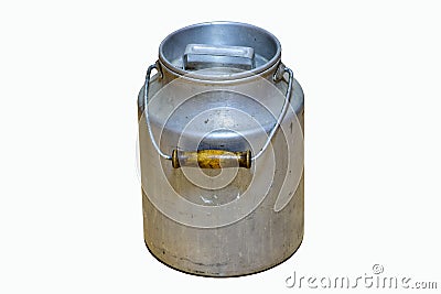 Old used small aluminum milk can, as an alternative to using plastic containers. Stock Photo