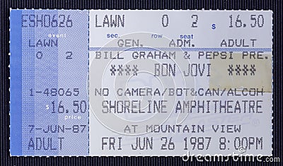 Old used ticket for the concert of Bon Jovi at Shoreline Amphitheatre Editorial Stock Photo