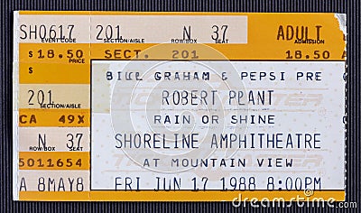 Old used ticket stub for the Robert Plant concert at Shoreline Amphitheatre Editorial Stock Photo