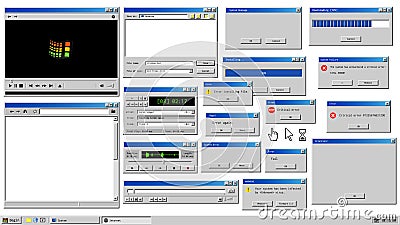 Retro browser windows and error message popup. Mockup of vintage multi media player, voice recorder and dialog Vector Illustration