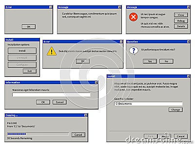 Old user interface window. Old computer retro browser dialog box with buttons. Warning system messages vector templates Vector Illustration