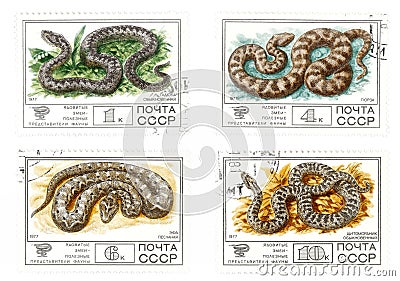 Old USSR mail stamps with snakes Editorial Stock Photo