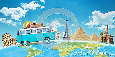 Old van travels across the world. Concept of travel and vacation around the world Stock Photo