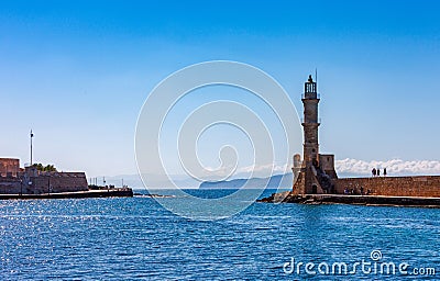 Old Venetian lighthouse in Chania on the island of Crete Stock Photo