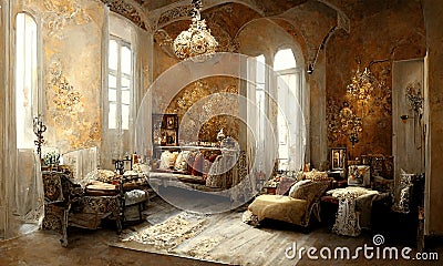 Old Venetian style elegant room , cinematic light atmospher , digital illustration Cartoon Illustration