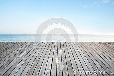 Old vertical striped wooden terrace with sky sea Stock Photo