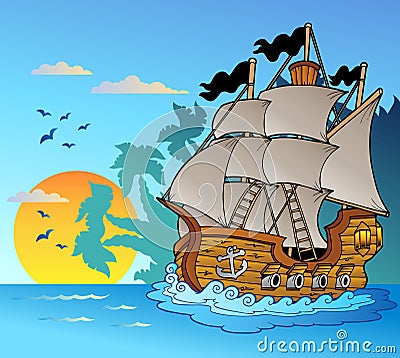 Old vessel with island silhouette Vector Illustration