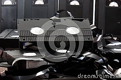 Old VHS tapes ripped apart Stock Photo